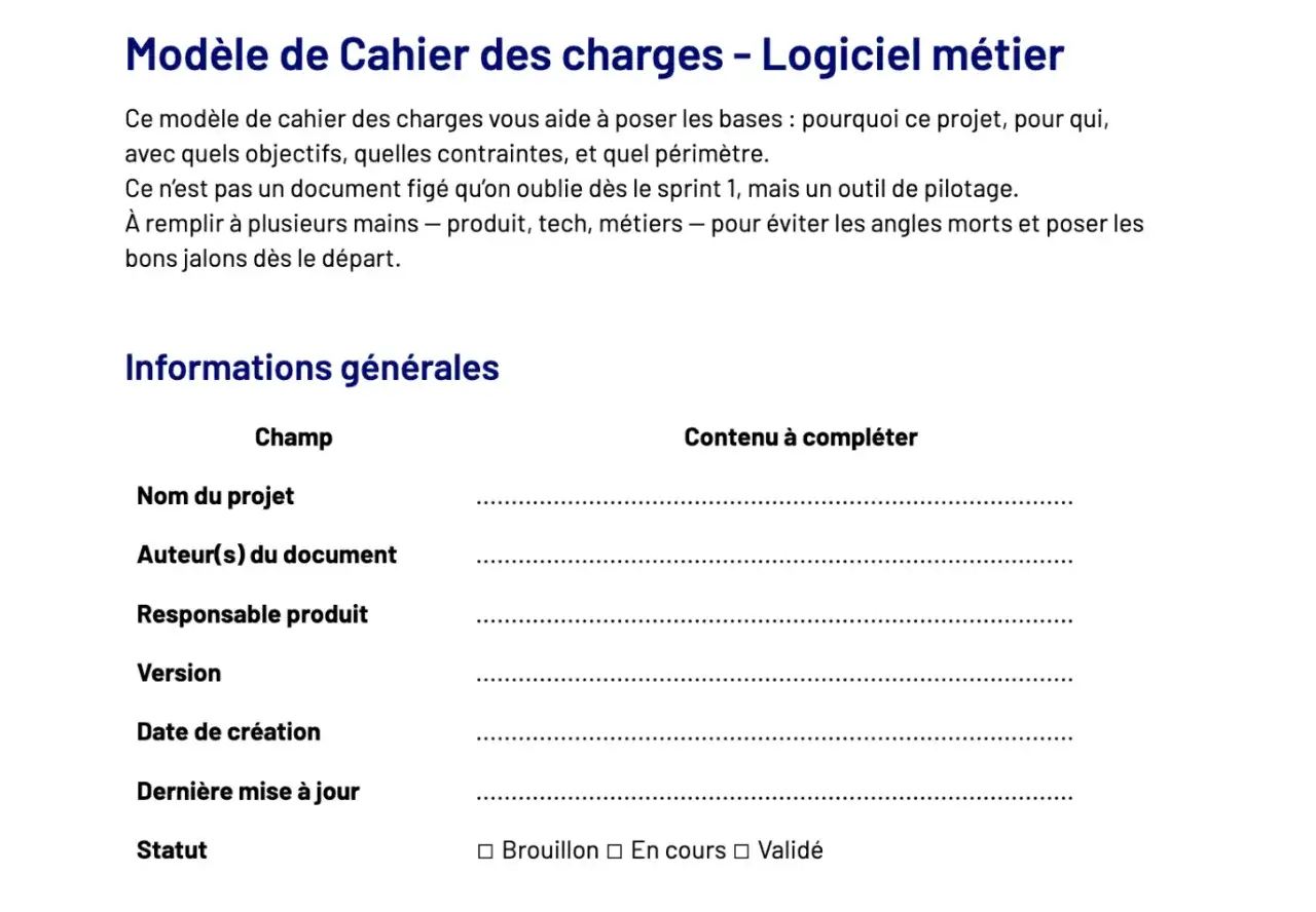 Mod&egrave;le de cahier des charges fonctionnel exemple. Ce document sert de guide pour d&eacute;finir les bases d'un projet logiciel m&eacute;tier.