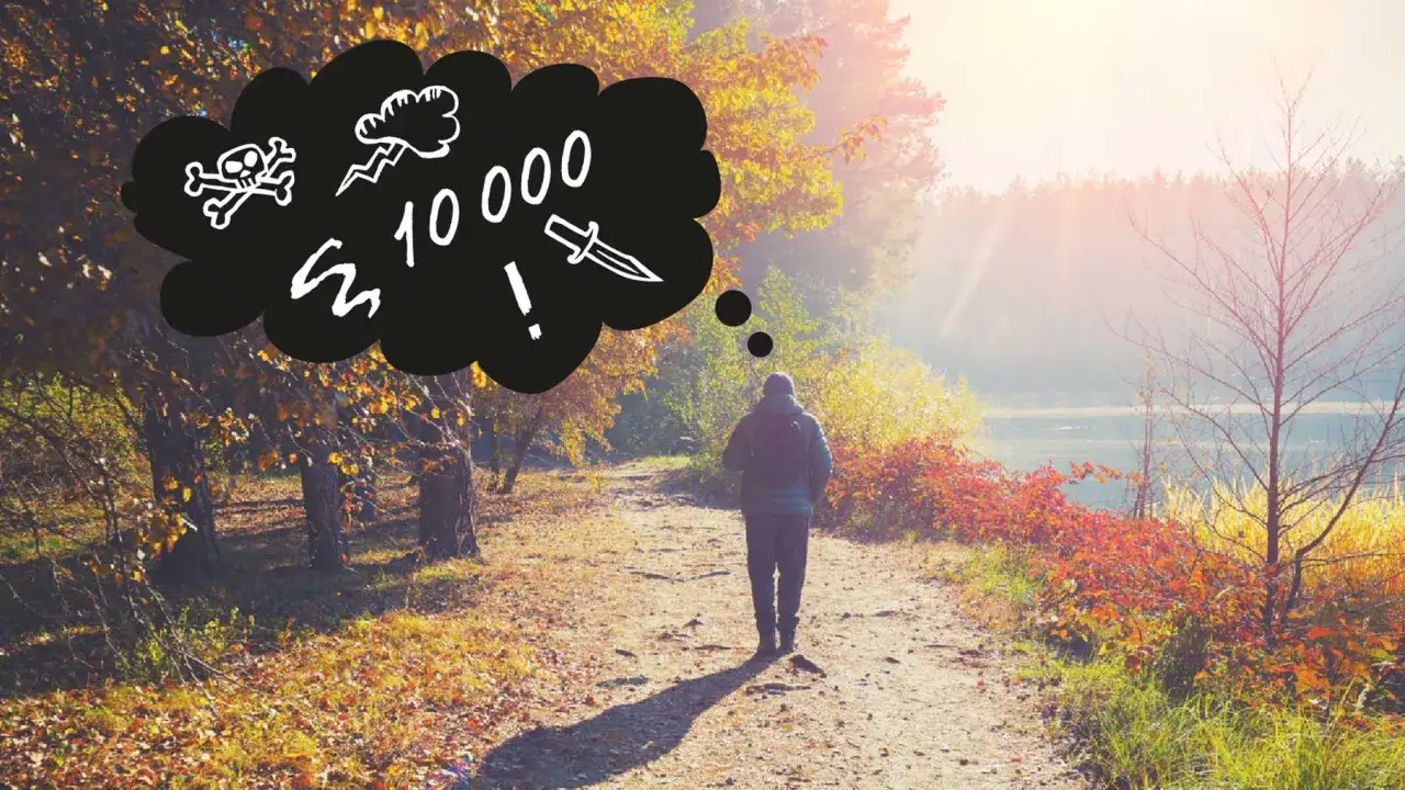 En person funderar p&aring; hur l&aring;ng tid det tar att g&aring; 10000 steg, med symboler f&ouml;r fara och utmaning i tankebubblan.