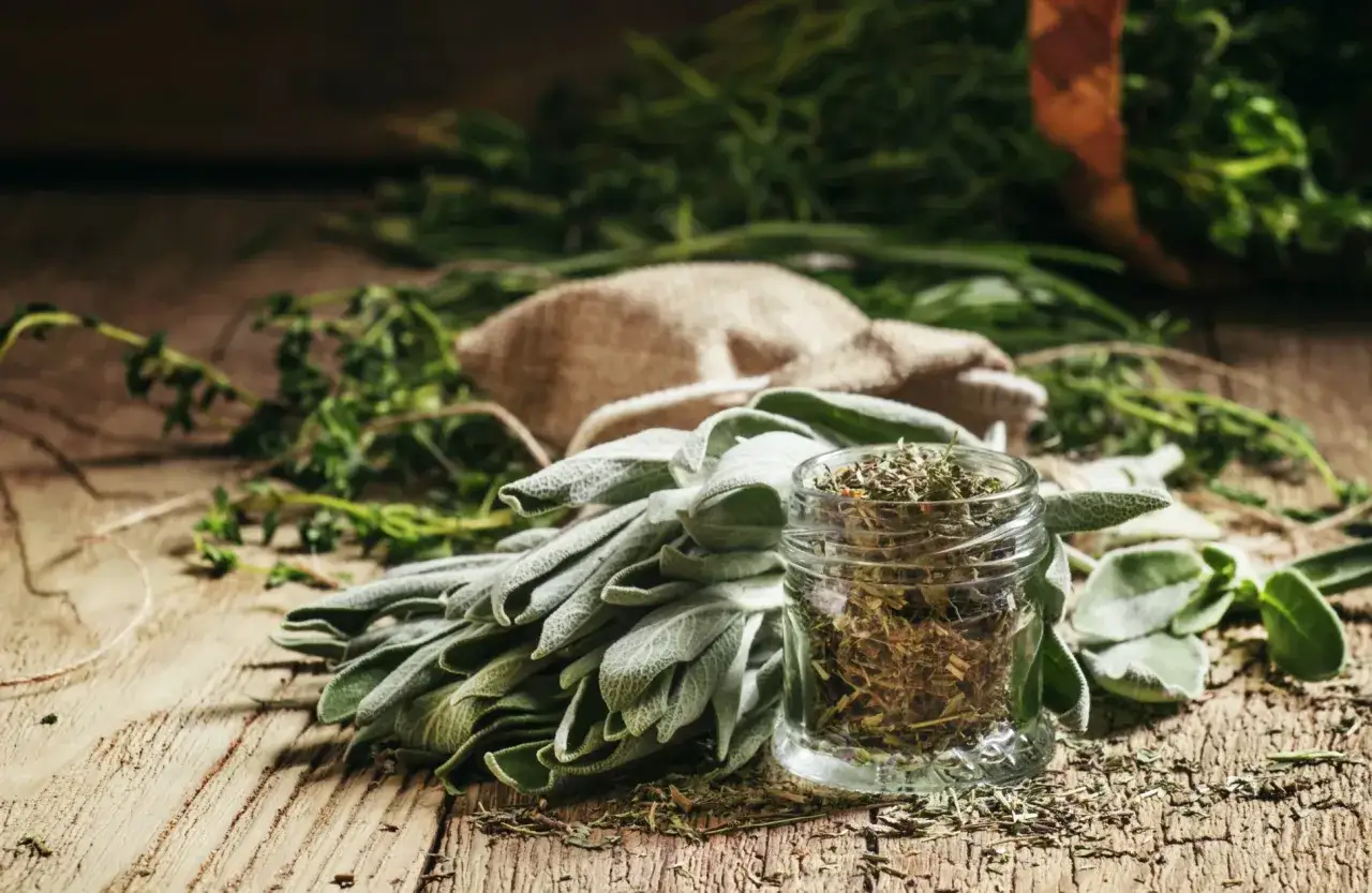 Foglie fresche e salvia essiccata in un barattolo, pronte per scoprire come usare la salvia in cucina e per tisane.