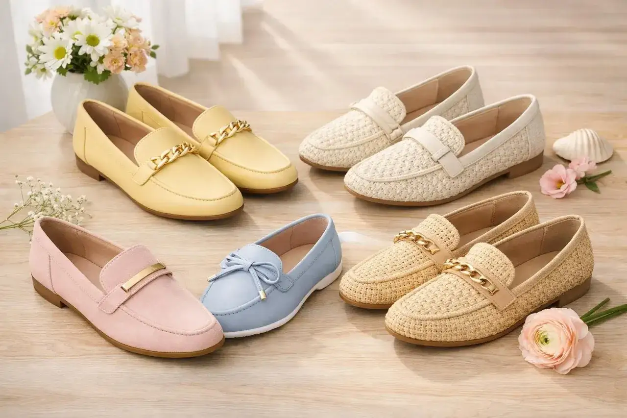 Collection de mocassins pour femmes : jaunes &agrave; cha&icirc;ne dor&eacute;e, roses &agrave; boucle, bleus &agrave; n&oelig;ud, et en raphia naturel ou &eacute;cru. Ce type de mocassin est parfait pour l'&eacute;t&eacute;.