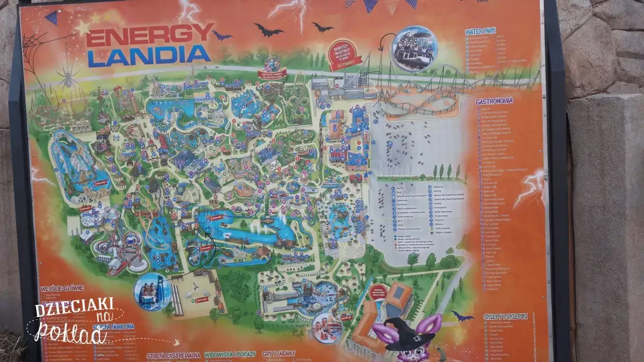 Energylandia opis: mapa parku rozrywki z atrakcjami, strefami (Water Park, Gastronomia, Sklepy) i legendą.