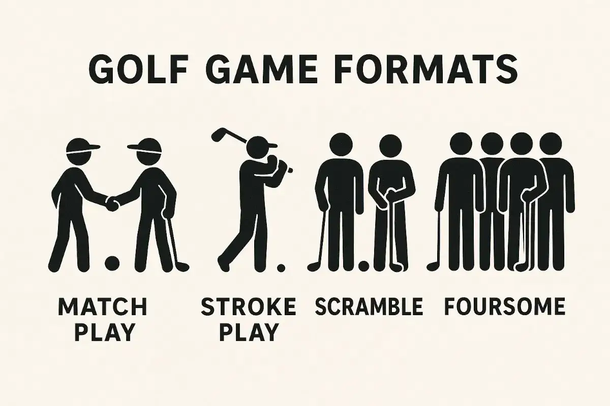 Illustration visar annorlunda spelformer golf: match play, stroke play, scramble och foursome.