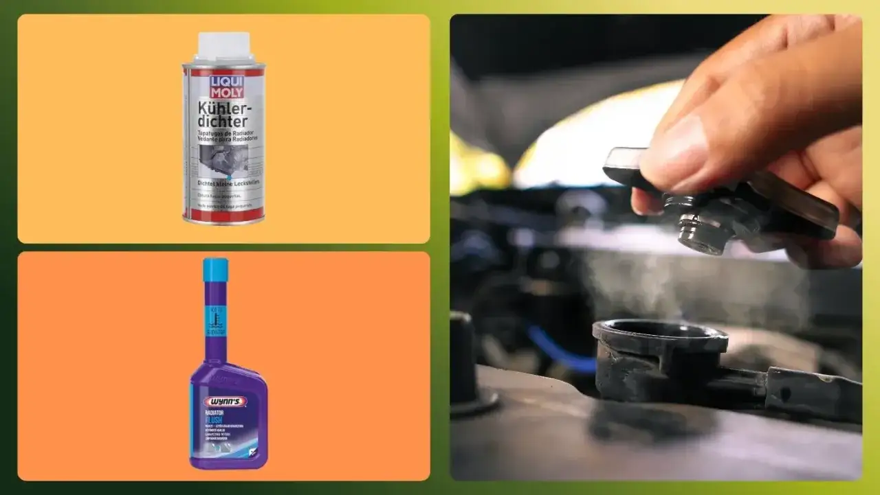 Productos para saber como limpiar radiador coche: sellador de fugas Liqui Moly y limpiador Wynn's. Mano quitando tapa de radiador con vapor.