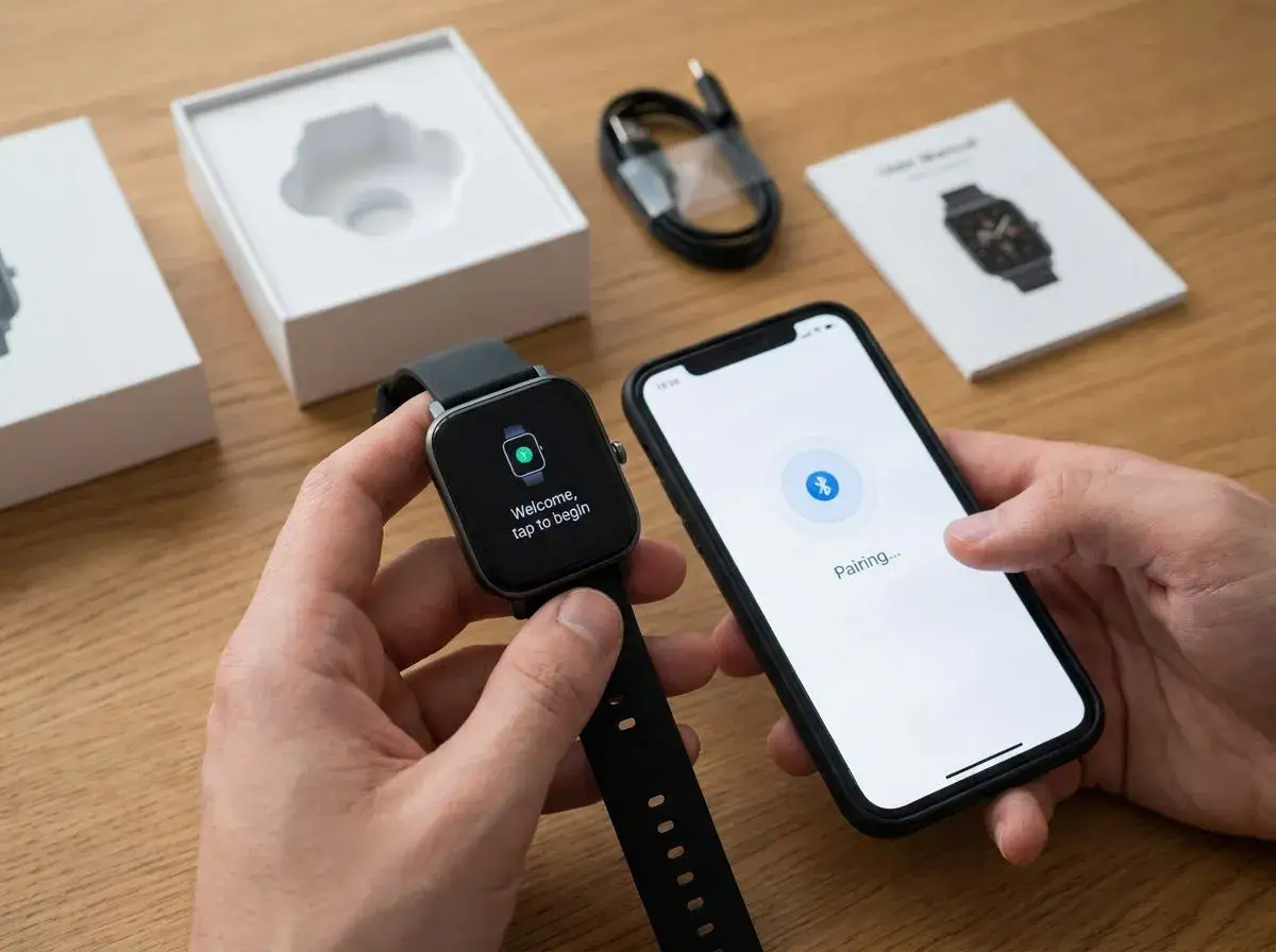 Ręce trzymają smartwatch i smartfon, pokazując ekran parowania. To pierwszy krok, jak sparować zegarek z telefonem.