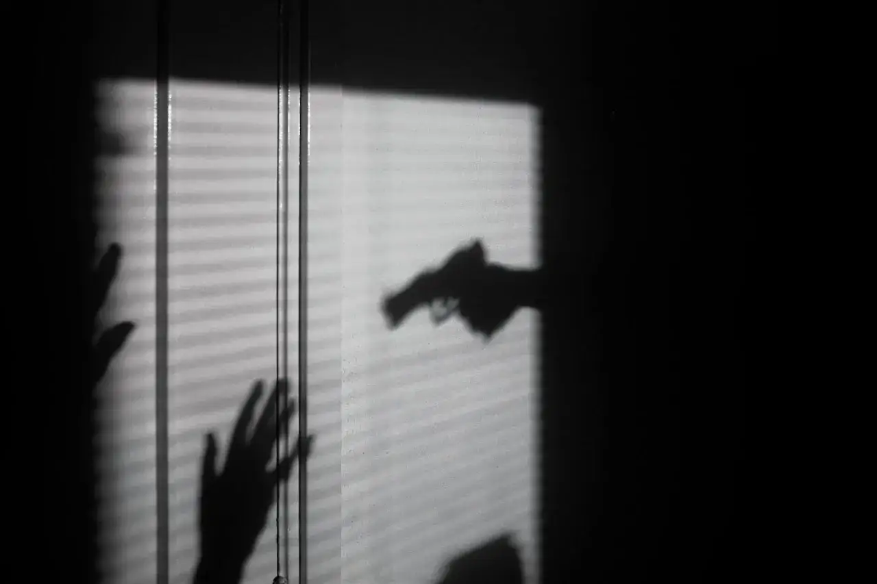 Shadows of hands reach out from behind blinds, while a gun's silhouette looms in this dramatic film noir photography.