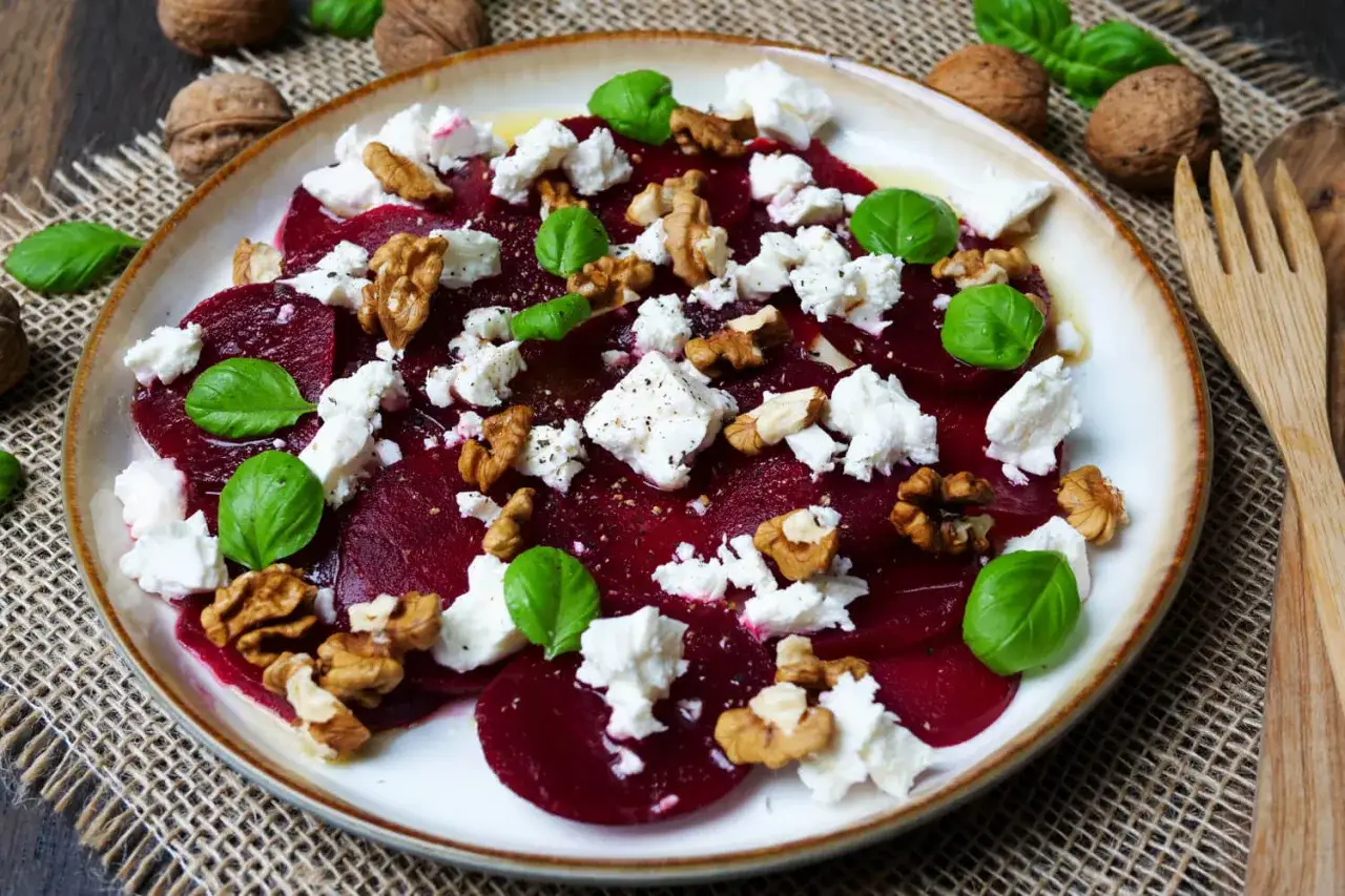 Ein Teller mit traditionellem Rote Bete Salat, garniert mit Feta, Walnüssen und Basilikum.