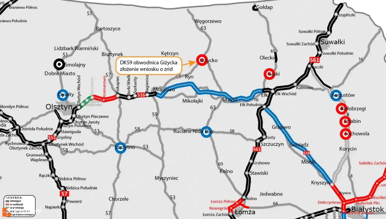 Mapa drogowa z zaznaczonymi drogami krajowymi i wojewódzkimi. Widoczna specustawa drogowa dla obwodnicy Giżycka.