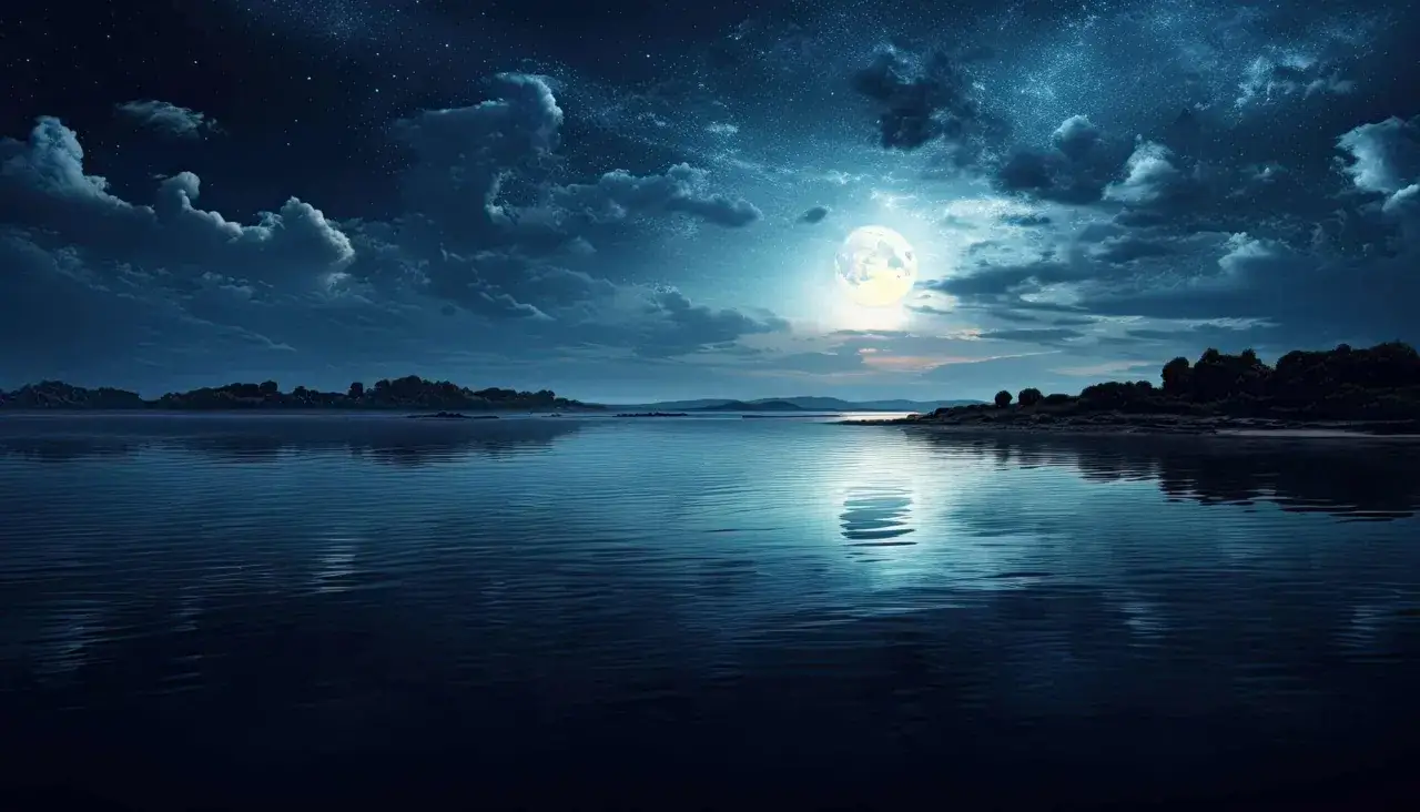 Nocne niebo nad spokojnym jeziorem, gdzie księżyc w strzelcu rozświetla drogę na wodzie.