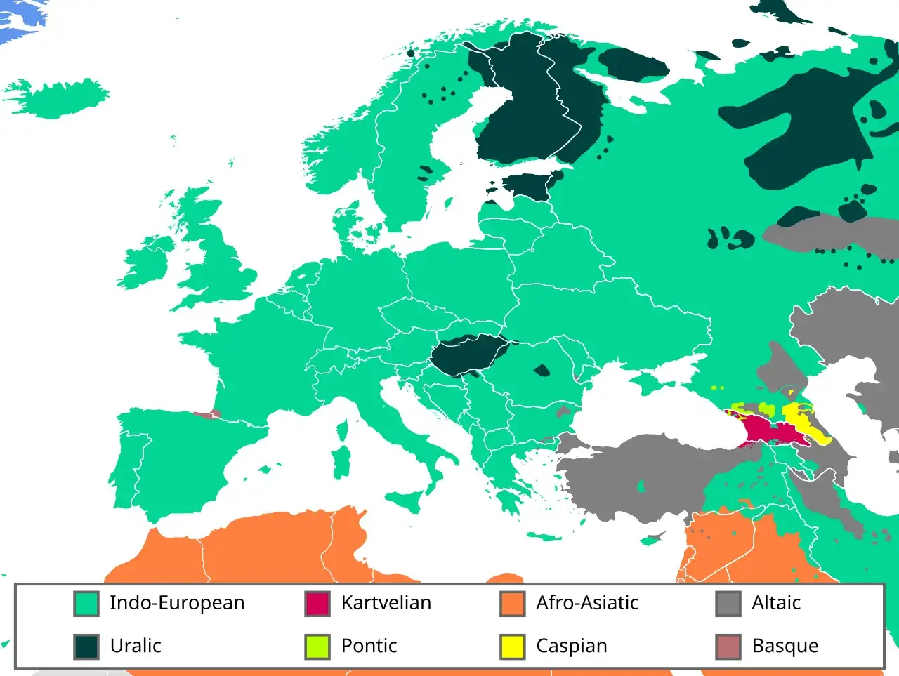 Mapa Europy z zaznaczonymi **grupami język&oacute;w w Europie**: indoeuropejskie (zielony), uralskie (ciemnozielony), kartwelskie (czerwony), pontyjskie (ż&oacute;łty), afroazjatyckie (pomarańczowy), altaickie (szary), baskijskie (brązowy).
