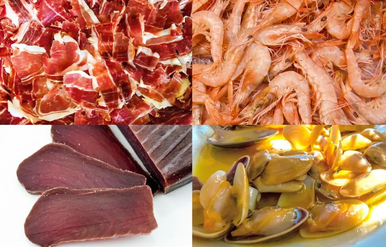 Cuatro imágenes de comida típica de Huelva: jamón, gambas, mojama y almejas.