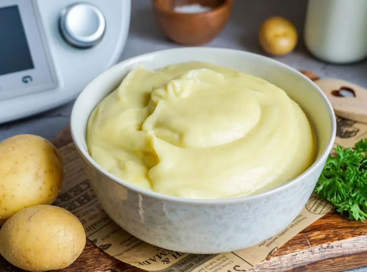 Cremiger Kartoffelbrei, perfekt zubereitet im Thermomix. Dazu rohe Kartoffeln und Petersilie.