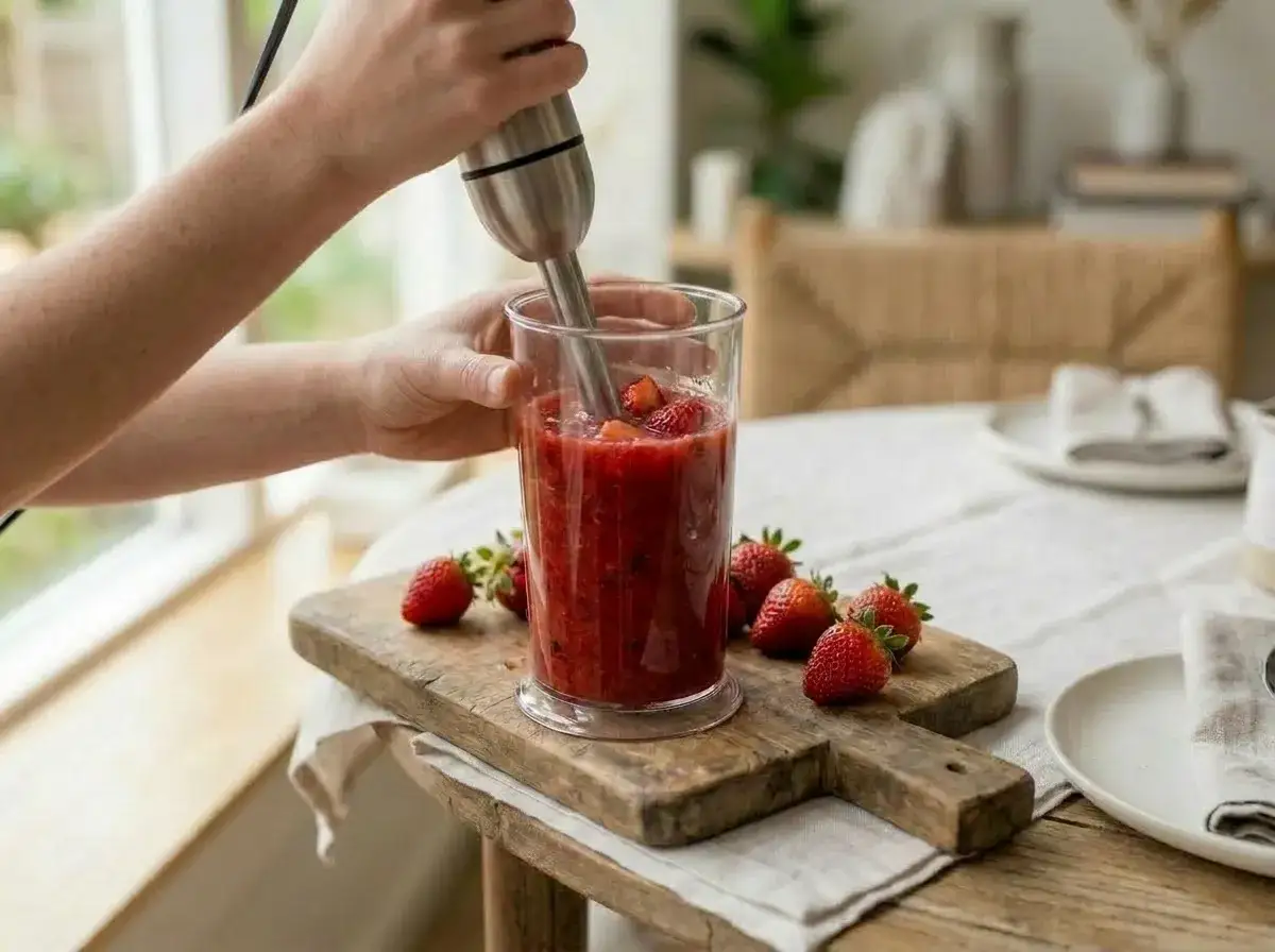 Mani che frullano fragole fresche in un bicchiere per preparare un delizioso gelato alla fragola.
