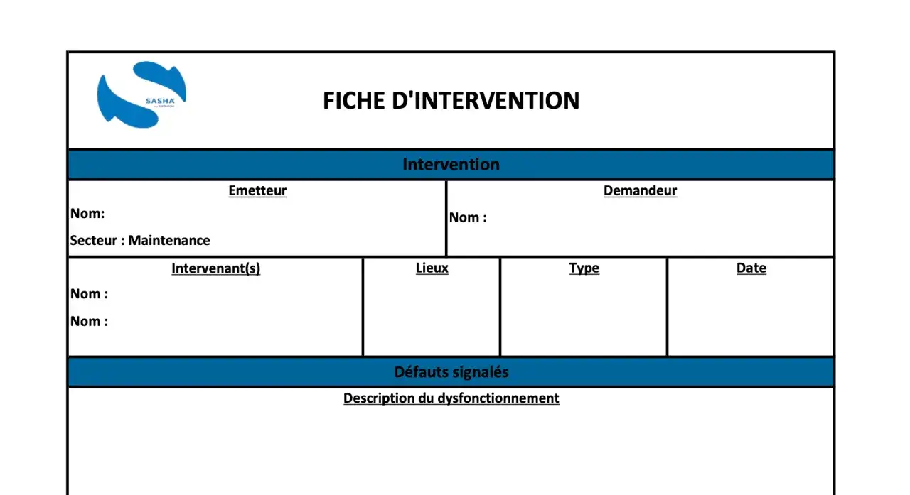Fiche d'intervention pour le suivi des interventions, avec champs pour &eacute;metteur, demandeur, intervenants, lieux, type, date et description des dysfonctionnements.