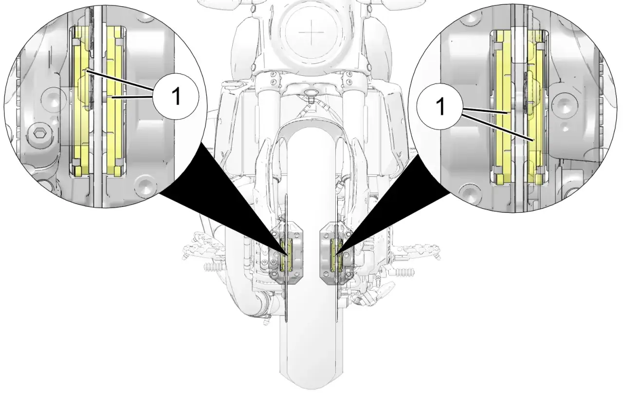 Ingrandimento del sistema frenante anteriore di una moto, evidenziando le pastiglie (1) per valutare la durata pastiglie freni anteriori.