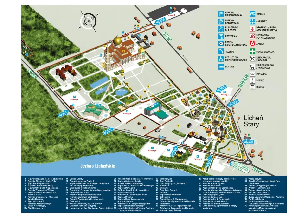 Mapa Sanktuarium w Licheniu. Widoczne parkingi (np. Parking A, B, C, D, E, F), drogi, budynki, pomniki i jezioro. Informacje o cenie parkingu nie są dostępne na mapie.