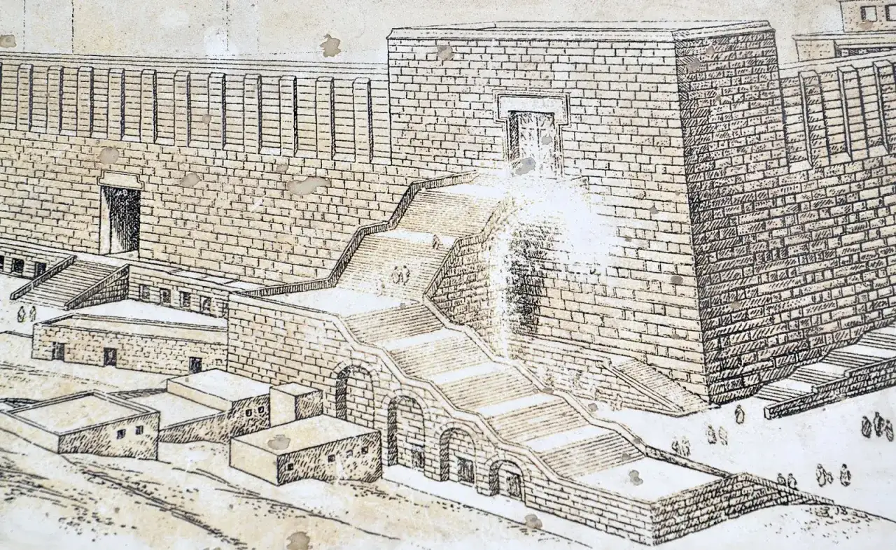 Rysunek przedstawia monumentalną architekturę, sugerującą odbudowę świątyni jerozolimskiej. Widoczne są potężne mury, schody i budynki.