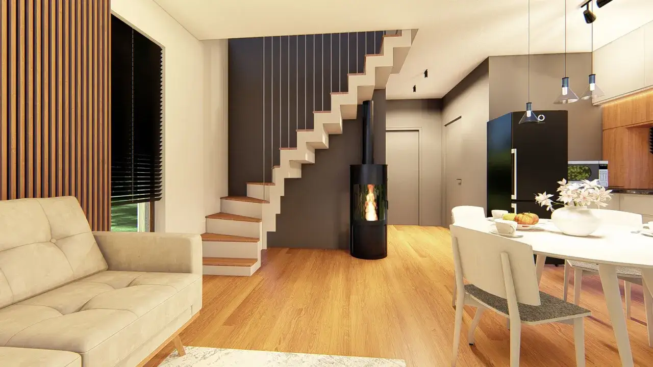 Nowoczesne schody w domu jednorodzinnym, z kominkiem i wygodną kanapą.