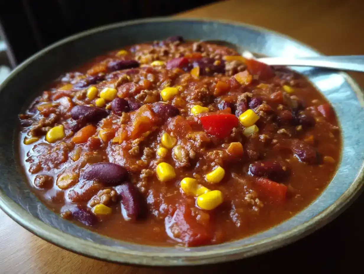 En sk&aring;l med mustig vegetarisk chili con carne med b&ouml;nor, majs och paprika. Perfekt f&ouml;r en kall kv&auml;ll.
