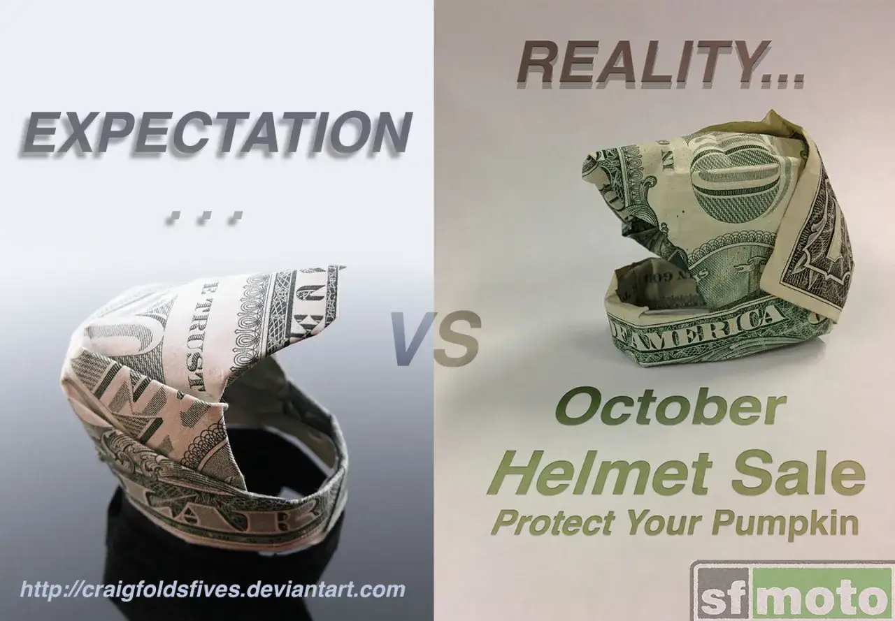 Geldschein falten: Erwartung vs. Realit&auml;t. Ein gefalteter Geldschein als Motorradhelm, der die Erwartung eines perfekten Helms der Realit&auml;t gegen&uuml;berstellt.