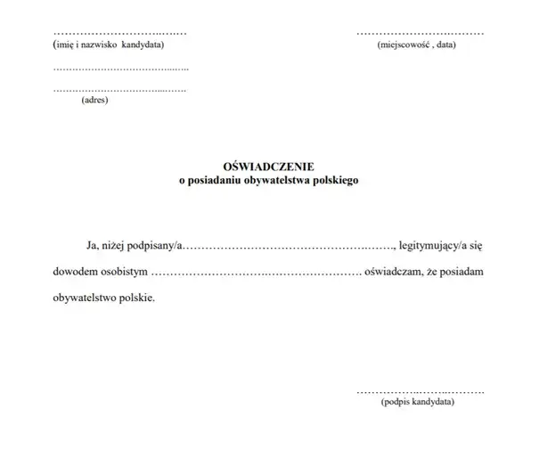 Wzór oświadczenia z numerowanymi polami