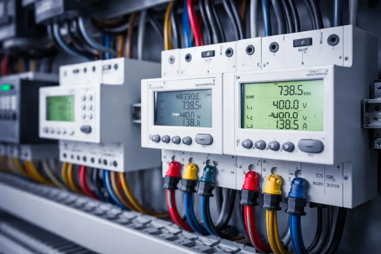 Medidores digitales muestran datos de monitorizaci&oacute;n de consumos el&eacute;ctricos, con cables de colores conectados.