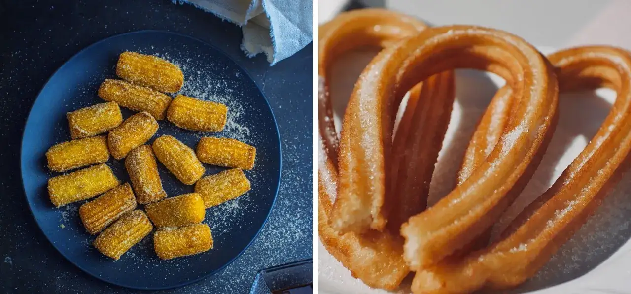 Churros co to? Smażone ciasto posypane cukrem, podane na talerzu i w kształcie podków.