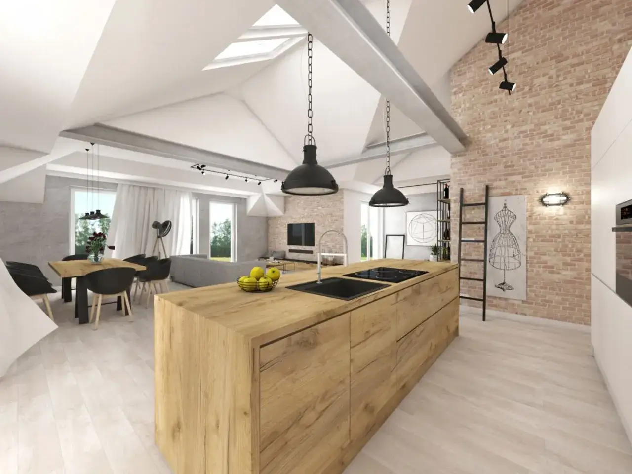 Nowoczesna kuchnia z wyspą, jadalnia i salonem w stylu loft. Całość w ciepłym, sepia kolorze, z ceglaną ścianą i drewnianymi elementami.
