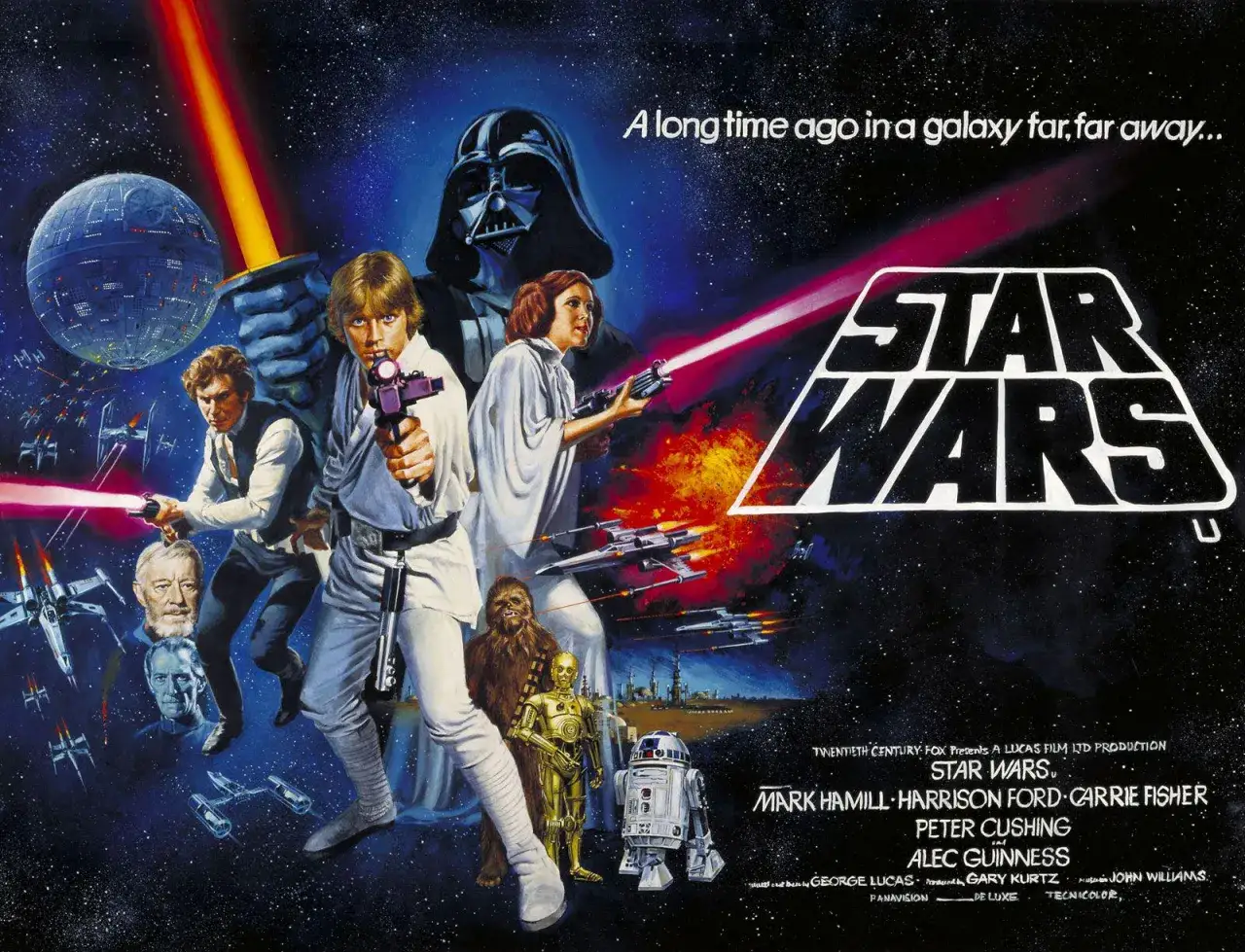 Plakat Star Wars: Luke, Leia, Han, Chewbacca, droidy i Darth Vader walczą w kosmicznej bitwie. To początek epickiej opowieści o total war w galaktyce.