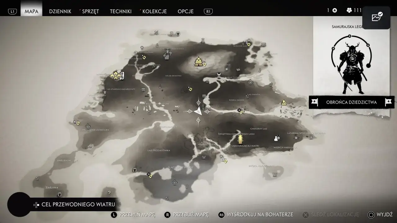 Mapa z gry Ghost of Tsushima, gdzie widać cel 