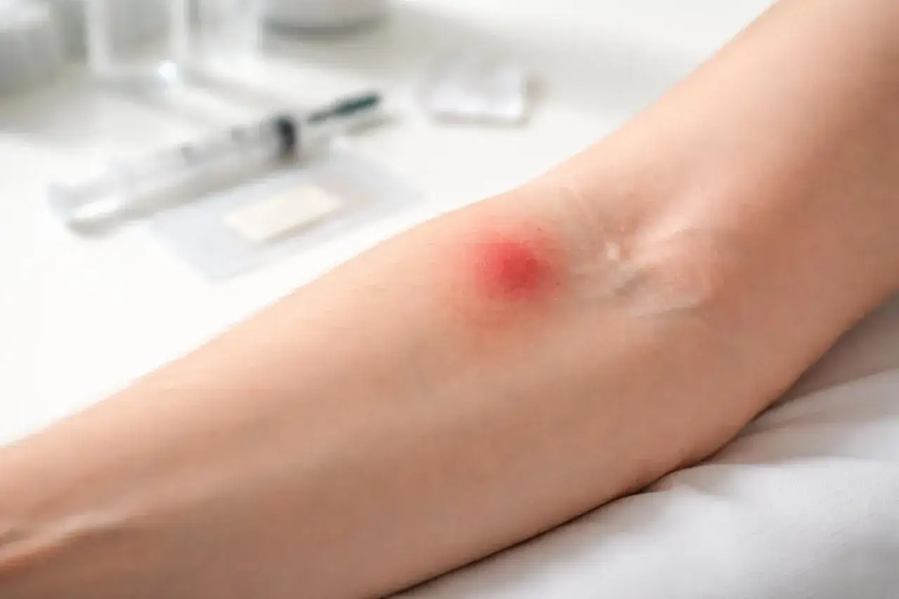 Irritation rouge sur le bras, conséquence d'une prise de sang mal faite. Une seringue est visible en arrière-plan.