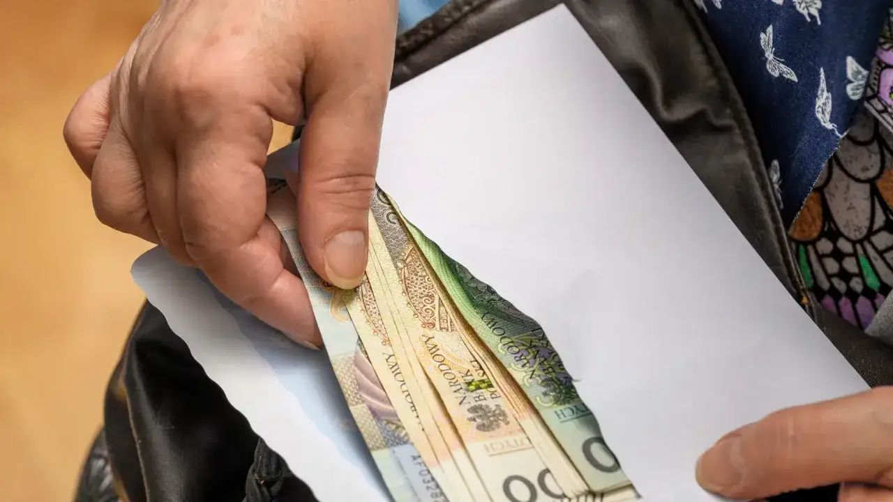 Dłoń wsuwa banknoty do koperty. To nagroda jubileuszowa za 20 lat pracy, symbol uznania za lata oddania.
