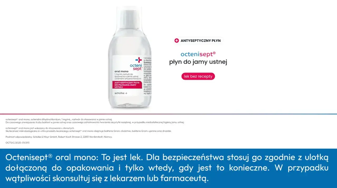 Płyn do płukania jamy ustnej octenisept® oral mono z oktenidyną. Antyseptyczny, bez recepty, do higieny jamy ustnej.