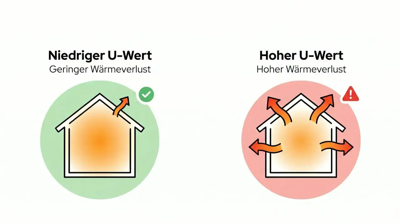 Niedriger U-Wert: Geringer Wärmeverlust, Haus mit einem Pfeil nach oben. Hoher U-Wert: Hoher Wärmeverlust, Haus mit vielen Pfeilen nach außen.