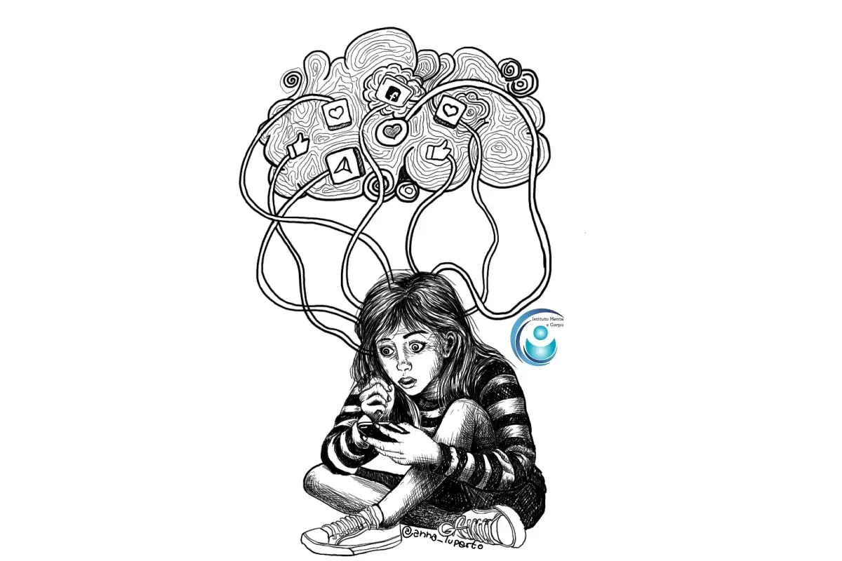 Ragazza con espressione sconvolta, con fili che partono dal suo cervello e si collegano a icone social. Un **cambio di personalit&agrave; improvviso** causato dalla dipendenza da smartphone.