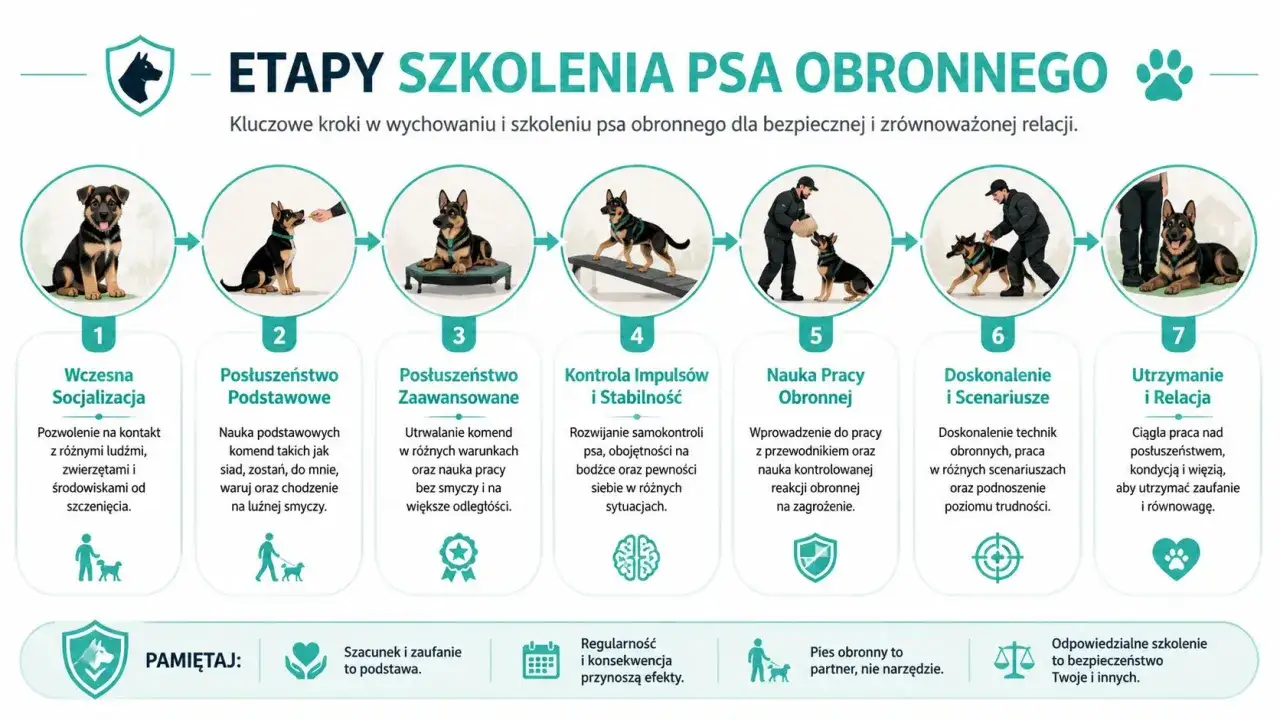 Etapy szkolenia psa obronnego: socjalizacja, posłuszeństwo, kontrola impulsów, nauka pracy obronnej, doskonalenie i utrzymanie relacji.