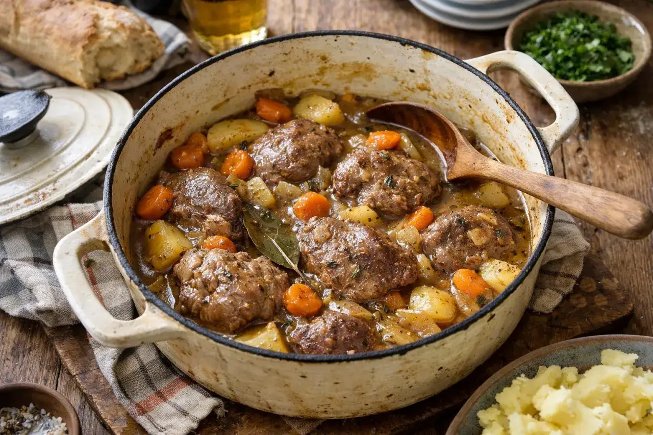 Un plat mijot&eacute; de joue de porc au cidre, avec pommes de terre et carottes, servi dans une cocotte en fonte.