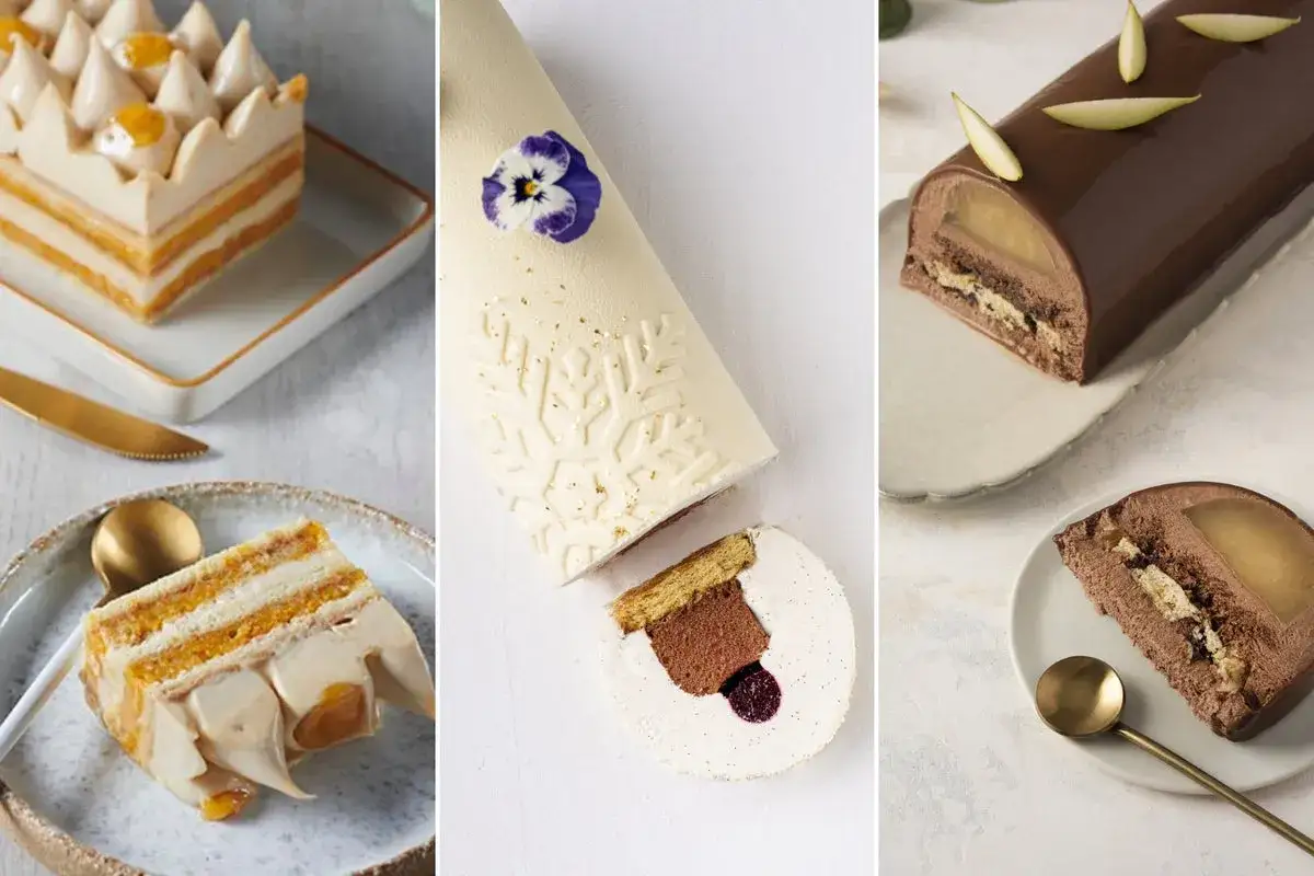 Trois bûches de Noël élégantes : une à la crème et fruits, une blanche givrée, et une au chocolat et poire. Idées pour savoir avec quoi recouvrir une bûche de noël.