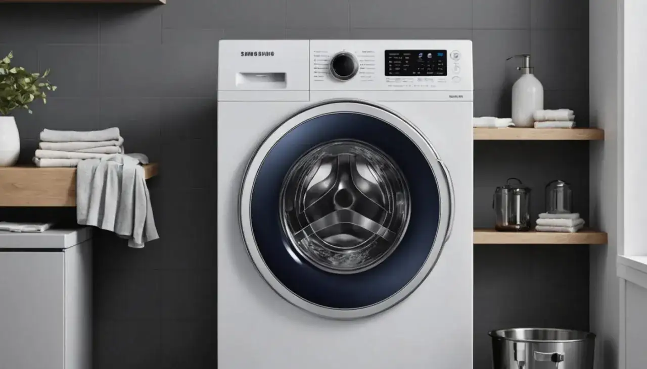 Nowa pralka Samsung z błędem SE. W łazience obok stoją ręczniki i akcesoria.