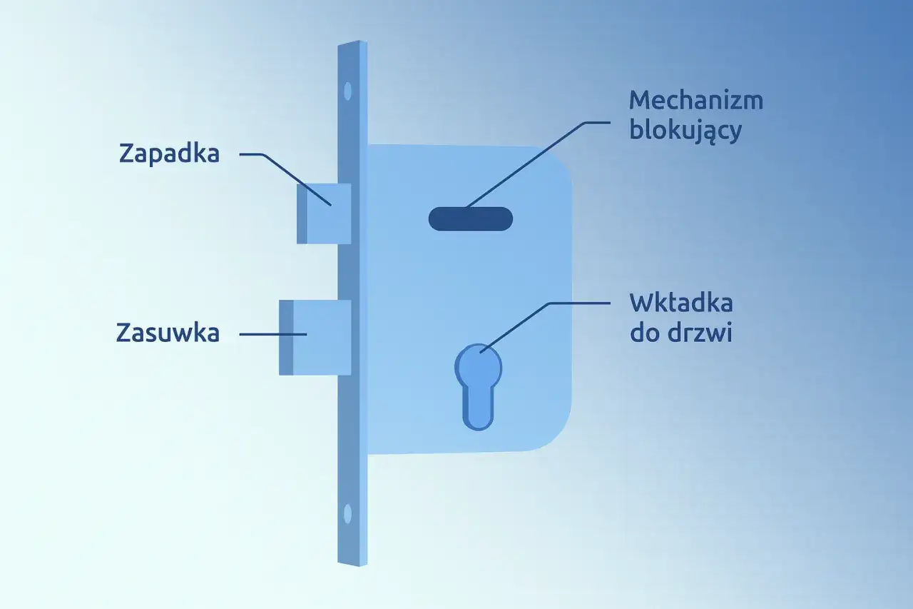 Schemat zamka z zapadką, zasuwką i wkładką. Mechanizm blokujący pokazuje, w którą stronę otwiera się zamek.
