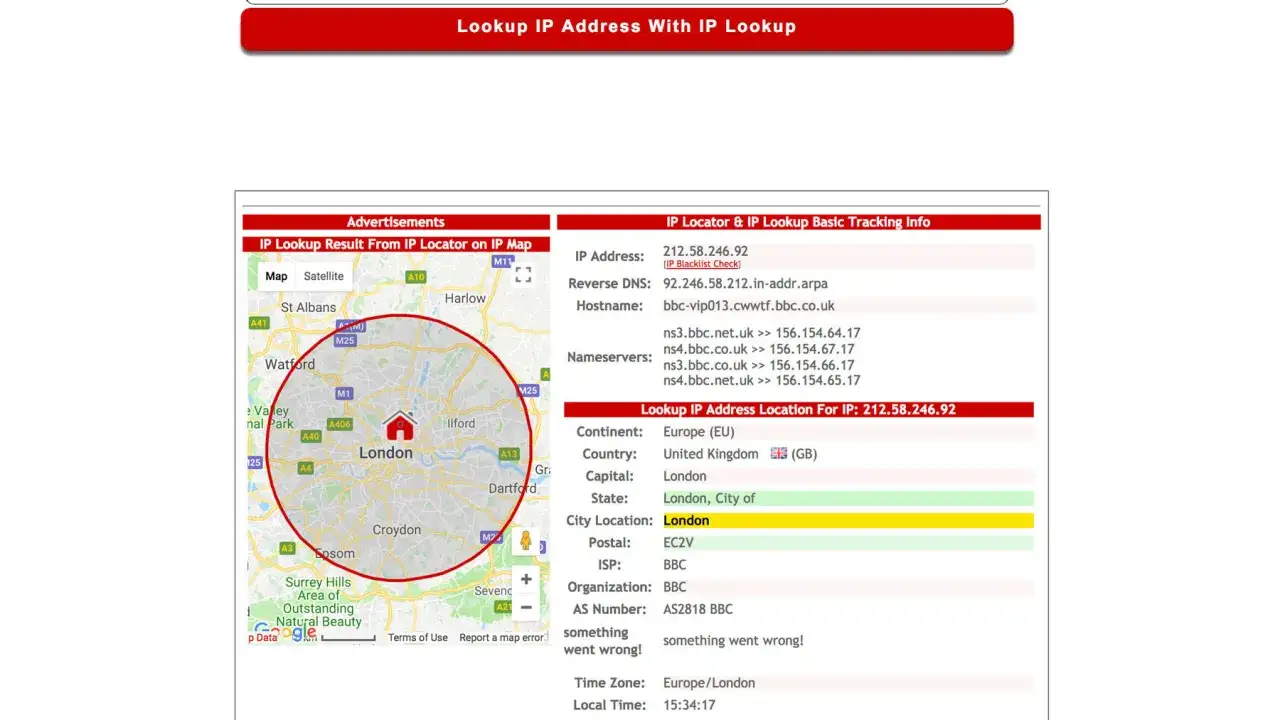 Mapa Londynu z zaznaczonym obszarem, dane IP wskazują na stolicę Wielkiej Brytanii. Skąd IP? Z Londynu.