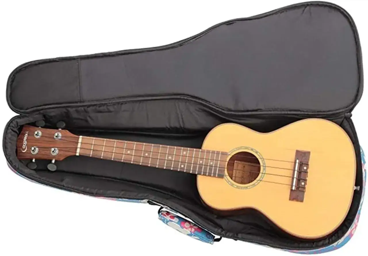 Elegancki pokrowiec na ukulele koncertowe z kolorowym wzorem. Idealny do bezpiecznego transportu Twojego instrumentu.