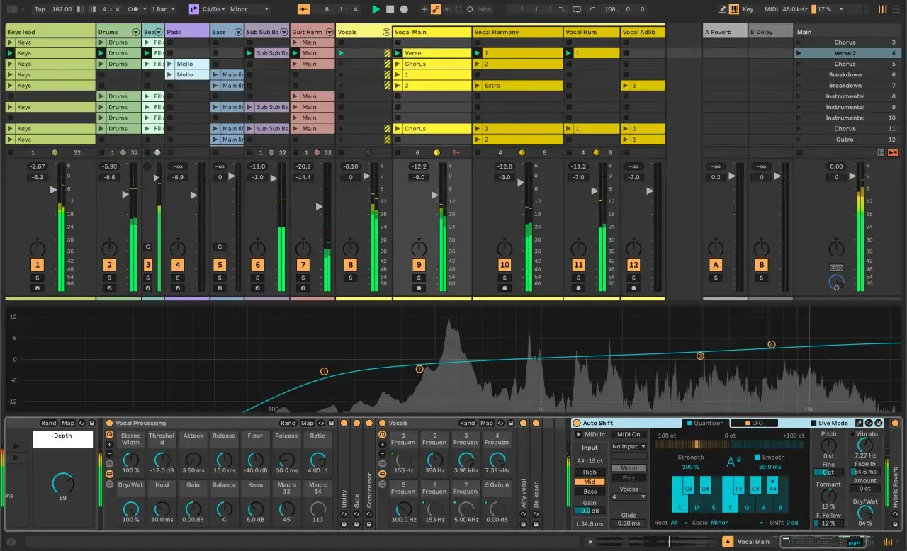 Interface d'Ableton Live avec pistes instrumentales et vocales. Id&eacute;al pour ceux qui cherchent &agrave; utiliser Ableton Live gratuit pour cr&eacute;er leur musique.
