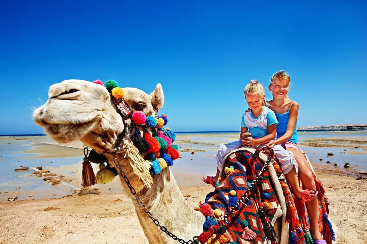 Deux fillettes profitent d'une balade à dos de chameau décoré, un souvenir inoubliable de leur voyage au Maroc en famille.