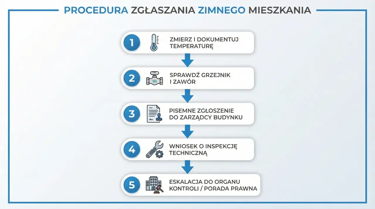 Procedura zgłaszania zimnego mieszkania: zmierz temperaturę, sprawdź grzejnik, zgłoś zarządcy, wniosek o inspekcję, eskalacja. Prawda o rzekomym wprowadzeniu limitów temperatury w blokach zasilanych z sieci miejskiej.