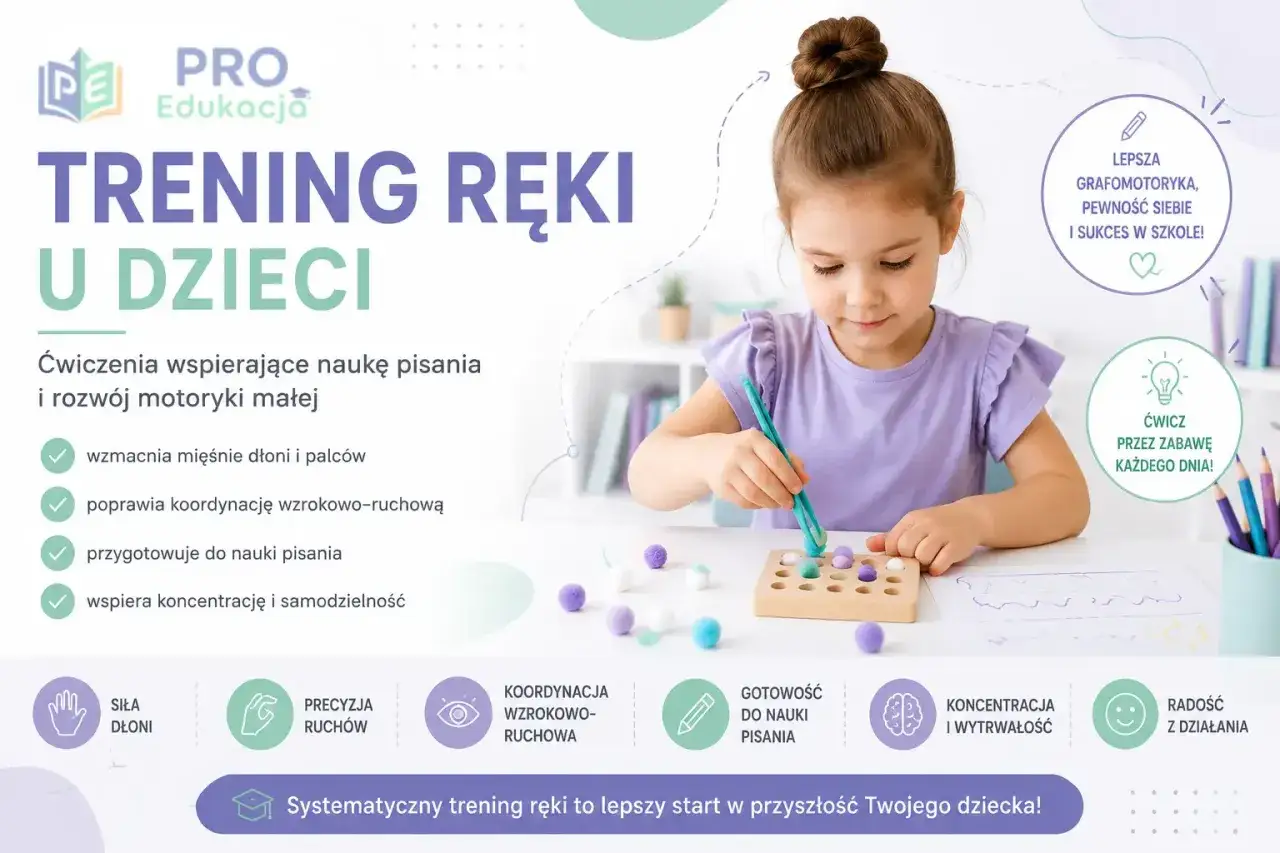 Dziewczynka ćwiczy grafomotorykę, rozwijając małą motorykę i przygotowując się do nauki pisania. Systematyczny trening ręki to klucz do sukcesu w szkole!