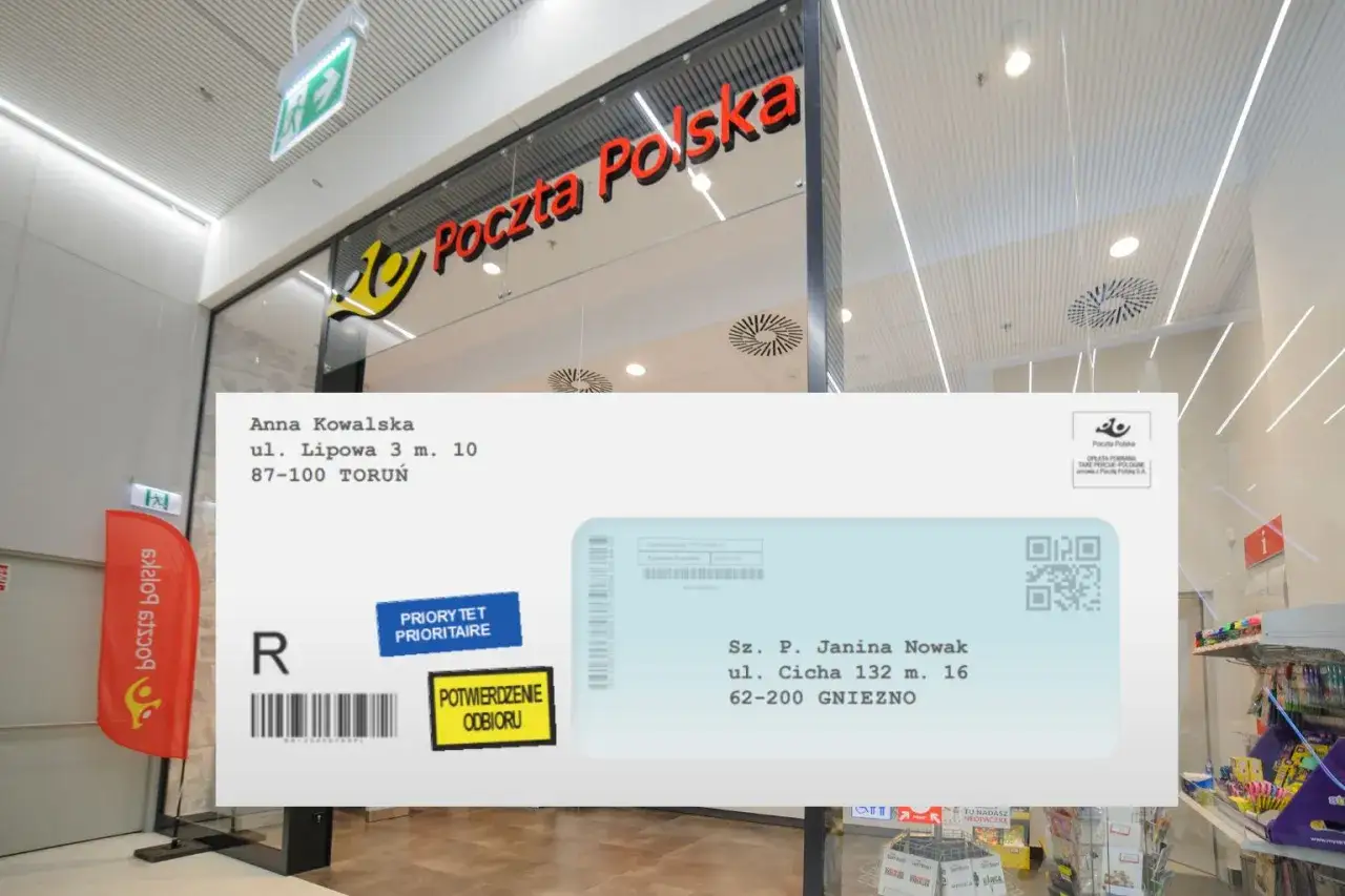 Listonosz sprawdza, jaki jest kod pocztowy 87-100 Toruń i 62-200 Gniezno na kopercie Poczty Polskiej.