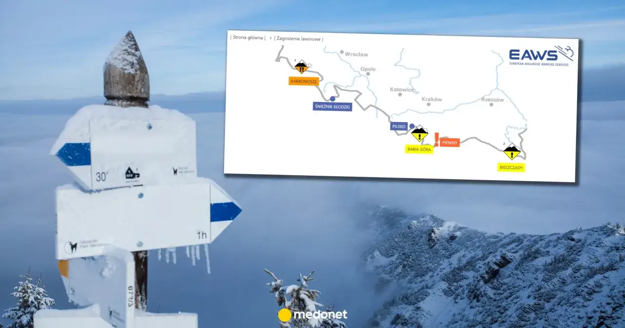 Zimowe szlaki górskie ostrzegają przed zagrożeniem lawinowym. Mapa pokazuje obszary zagrożone lawinami w Alpach i innych pasmach górskich.