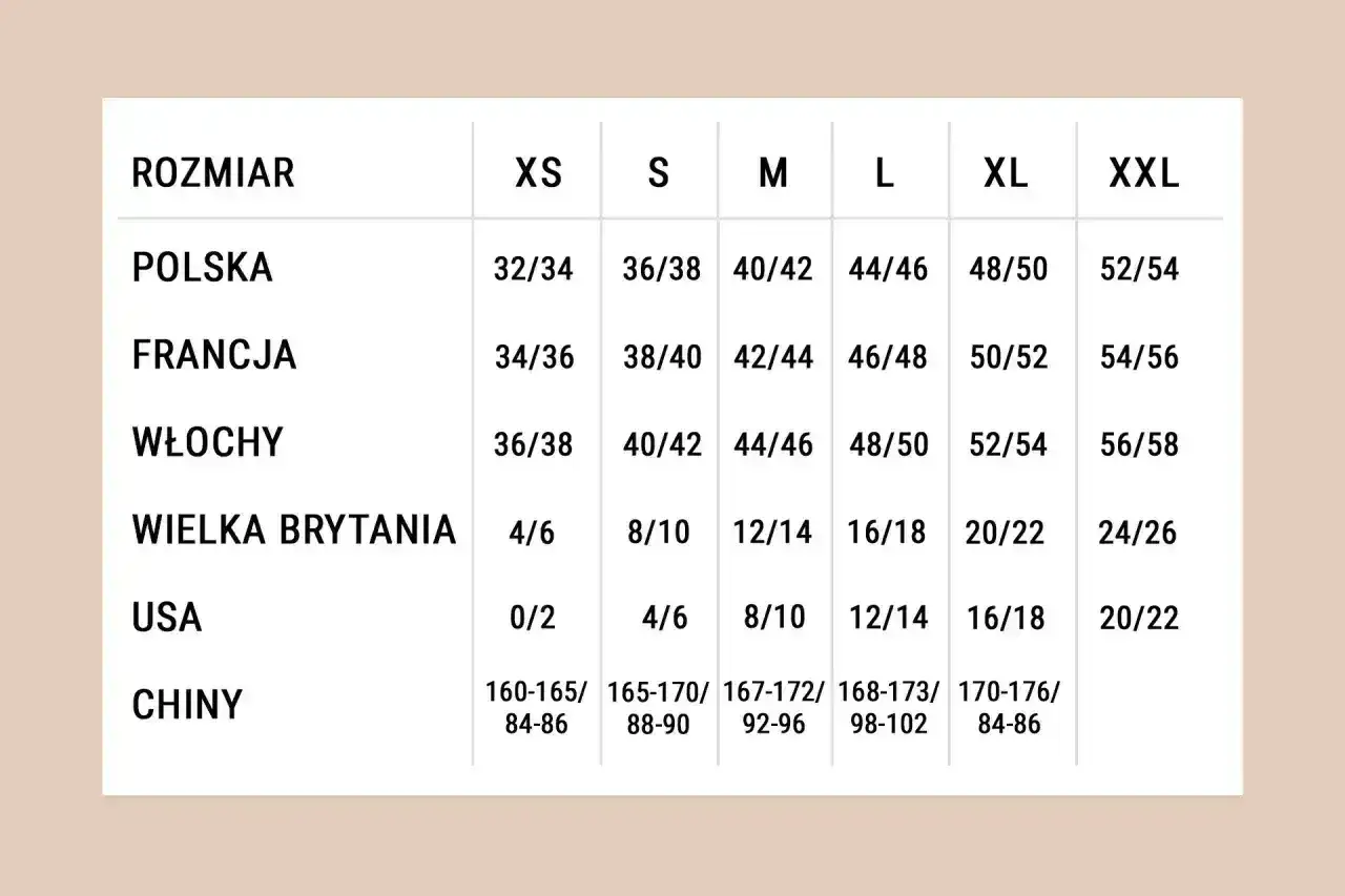 Tabela rozmiarów od XS do XXL, pokazująca jaki to rozmiar w Polsce, Francji, Włoszech, Wielkiej Brytanii, USA i Chinach.