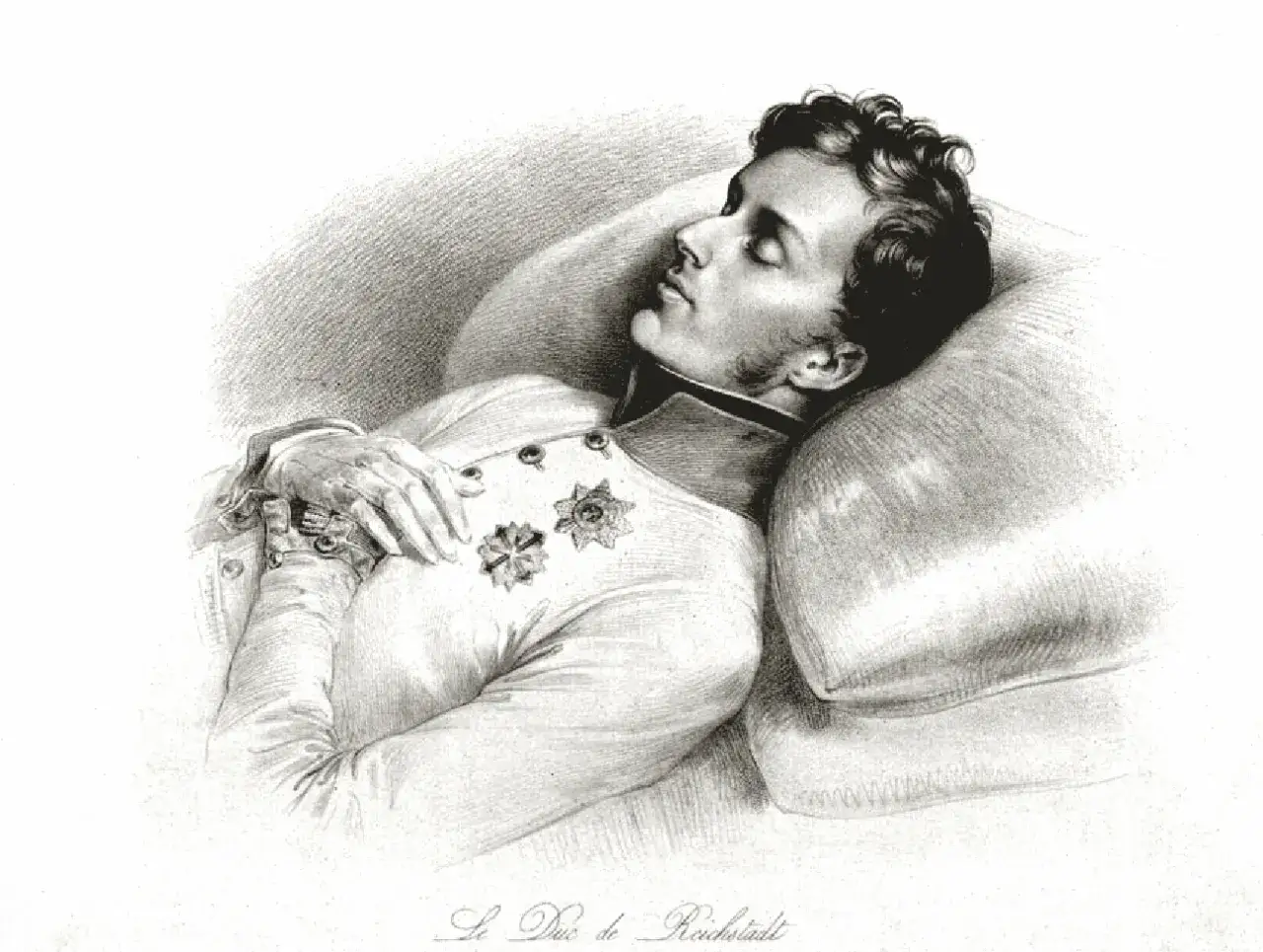 Le Duc de Reichstadt, fils de Napoléon, repose sur un oreiller. Sa mort, dont la cause reste débattue, est ici représentée dans un sommeil paisible.