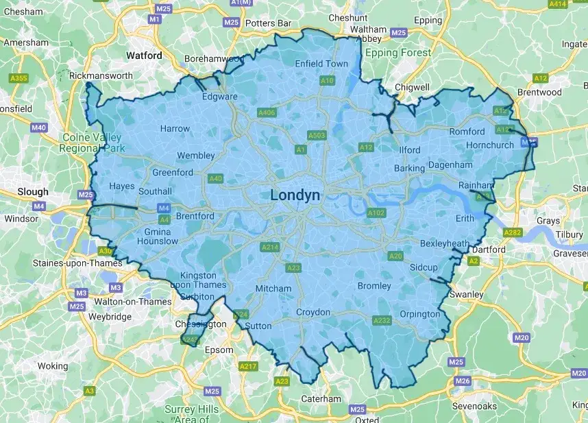 Mapa stref komunikacyjnych Londynu z nazwami dzielnic